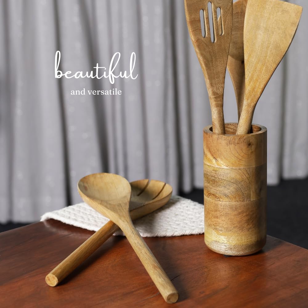 The Art Box Wooden Spoons For Cooking - 5 Pcs Natural Acacia Wood Non-Stick Cooking Spoons, Spatula Spoon Nonstick Wooden Utensi