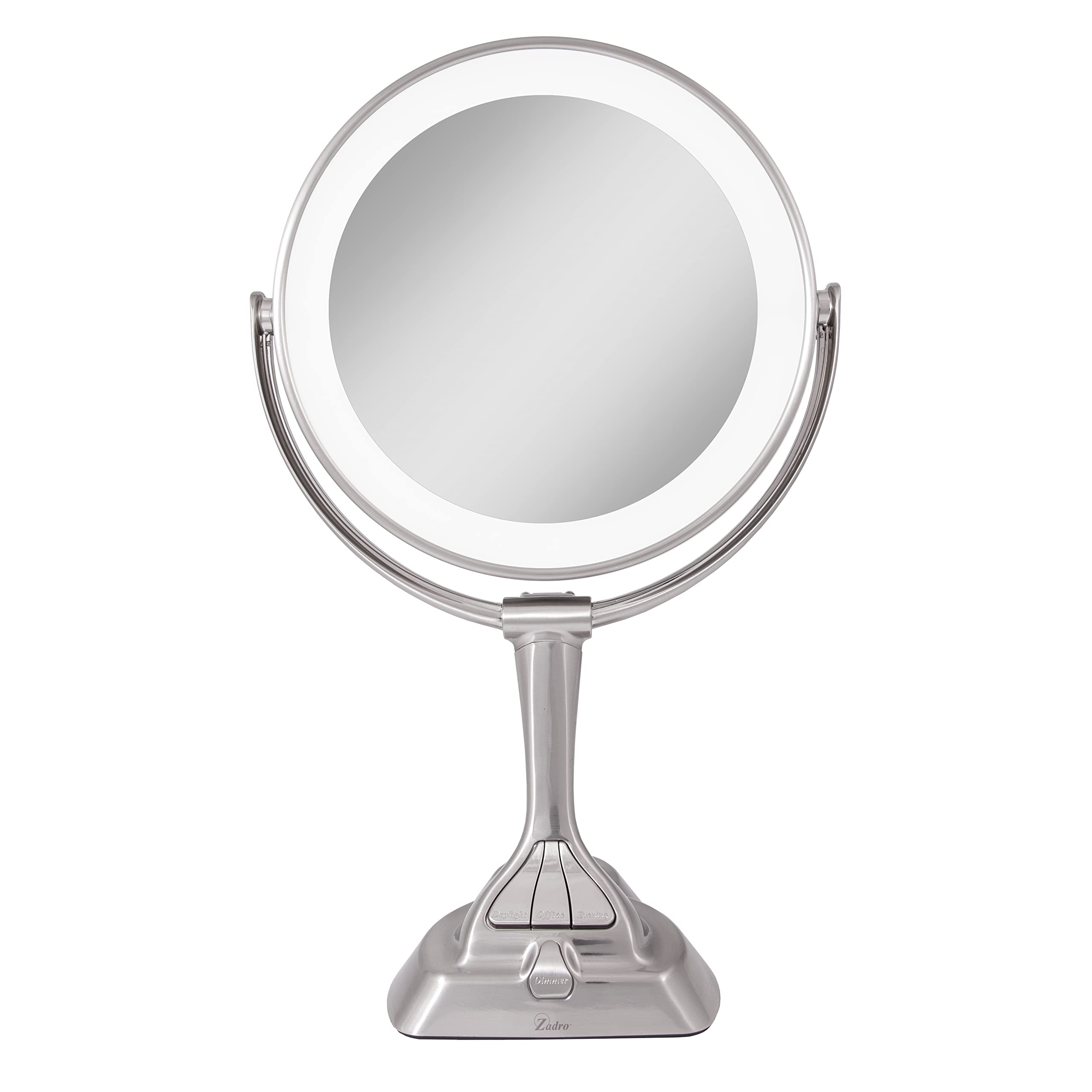 Zadro 9'' Round Dimable 3 Led Light Color Dual-Sided Magnified Makeup Mirror, Touch Dimmer Control (Satin Nickel, 10X/1X)