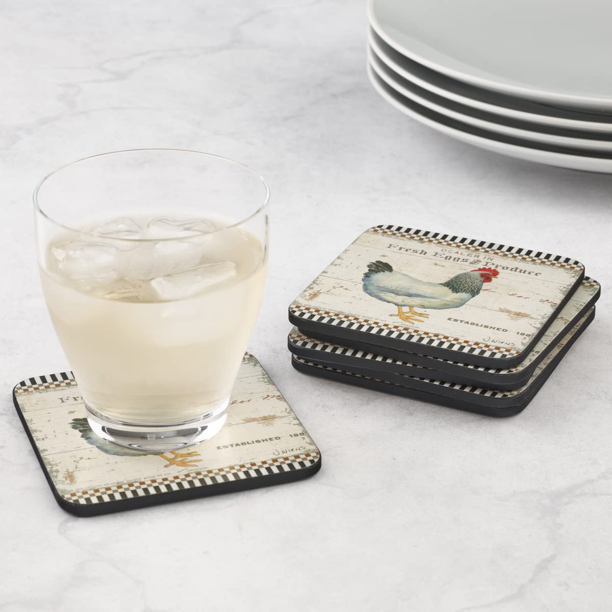 Pimpernel On The Farm Collection Coasters  Set of 6  Cork Backed Board  Heat and Stain Resistant  Drinks Coaster for Tabletop Protection  Measures 4 x 4