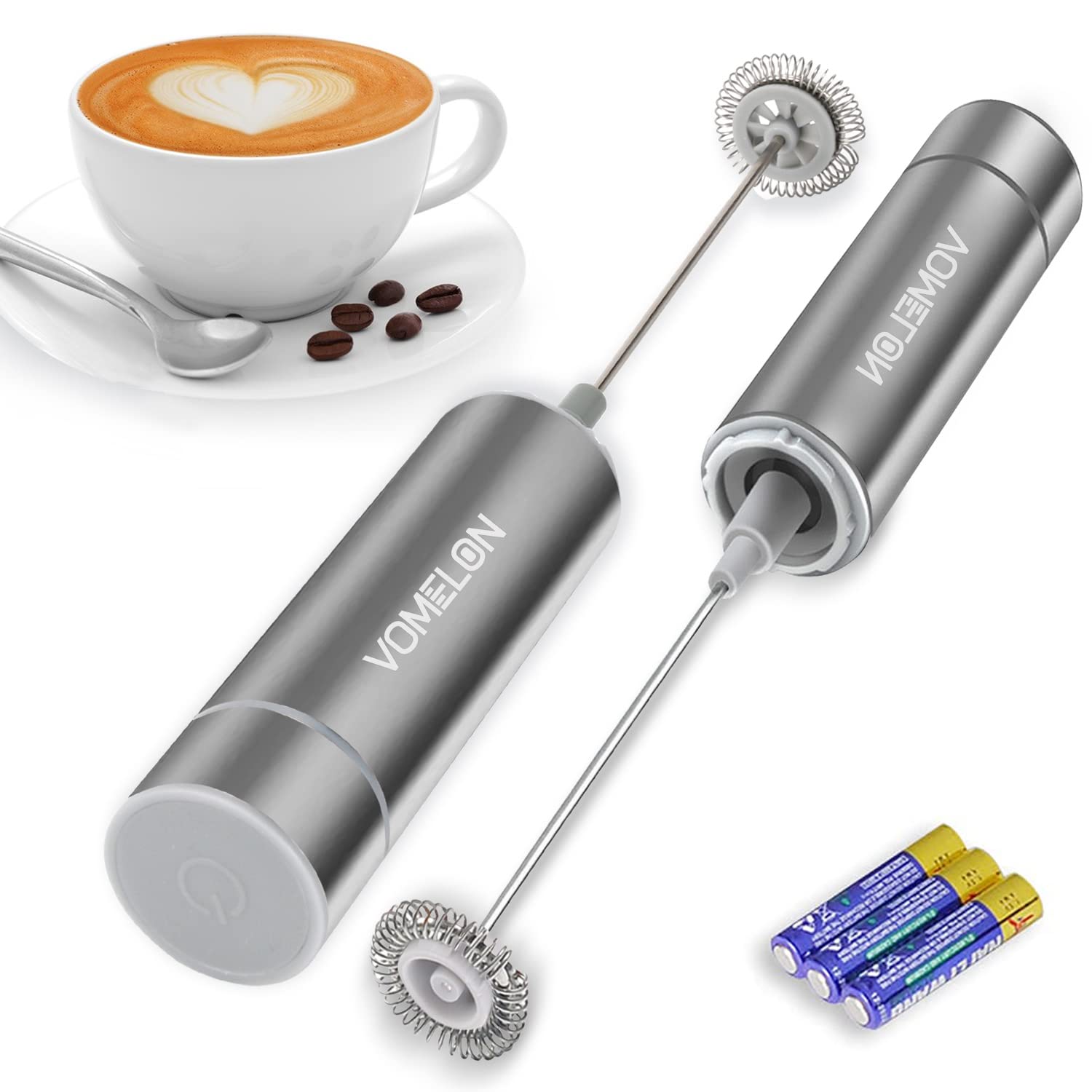 Vomelon Milk Frother, Handheld Battery Operated Frother For Coffee,Portable Drink Mixer With 2 Stainless Steel Whisk Heads, Milk
