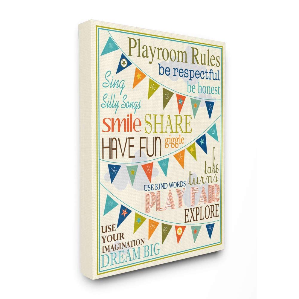 The Kids Room By Stupell Playroom Rules With Pennants In Blue Canvas Wall Art, 36X48, Multi-Color