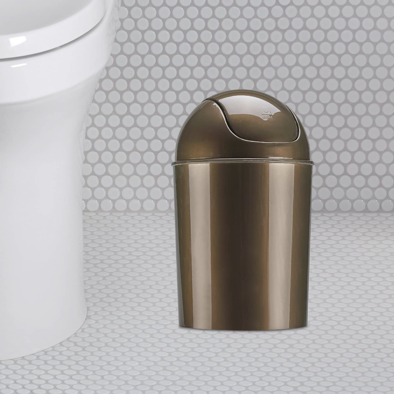 Umbra Mini Waste Can 1-1/2 Gallon With Swing Lid, Bronze, Grey/Steel