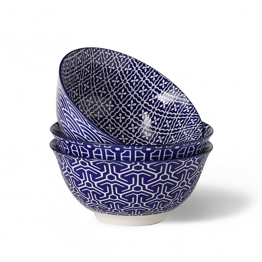 Metahom Salad Soup Bowls, Blue And White Serving Bowls For Pho, Pasta Rarmen, 48 Oz Large Ceramic Bowls For Kitchen, Set Of 3, M