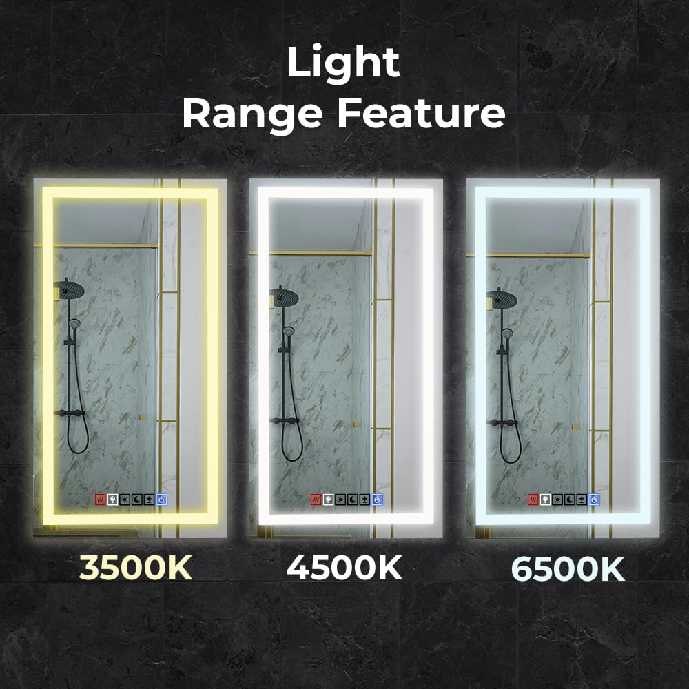 Dimmable LED Bathroom Mirror 18'' x 40'' Front and Backlit Anti-Fog Memory Brightness  Three Color Options Wall Mounted Rectangle Lighted Mirror for Vanity (Horizontal/Vertical) Frameless Wall Mirror