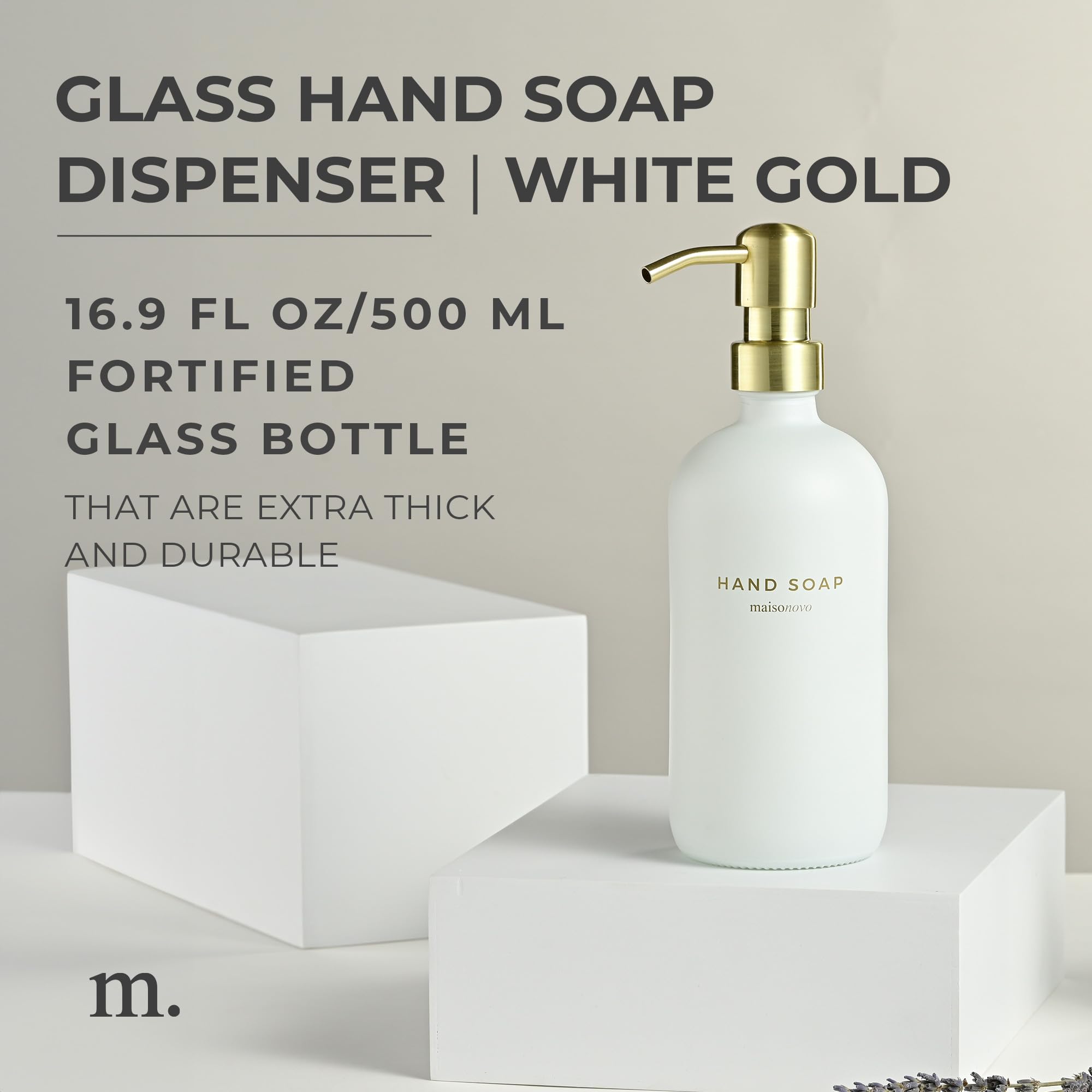 Maisonovo Hand Soap Dispenser For Bathroom | 16.9 Fl Oz White Glass Gold Pump X 1