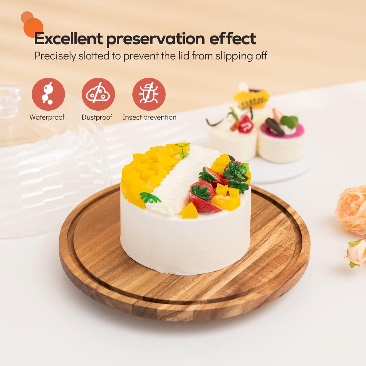 Cutesun Wood Cake Stand With Lid, 11.8'' Rotating Cake Stand With Dome, Shaterproof 10.4'' Acrylic Cake Display Cover, Cake Hold