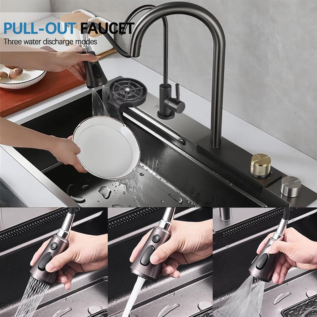 Black 304 Stainless Steel Nano Undermount/Drop In Waterfall Single Bowl Kitchen Sink With Pull-Out Faucet,Knob Control Workstati