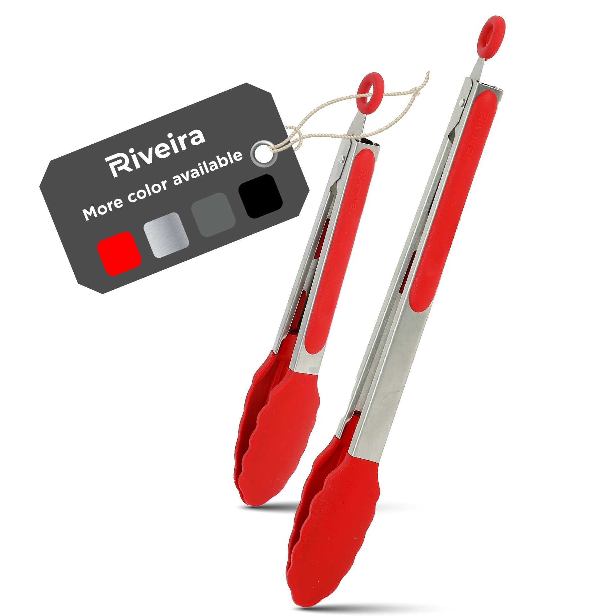 Riveira Red Tongs For Cooking With Silicone Tips | 9 And 12-Inch Pieces | Non-Stick Kitchen Grill Tongs | Bbq Tongs For Grill |