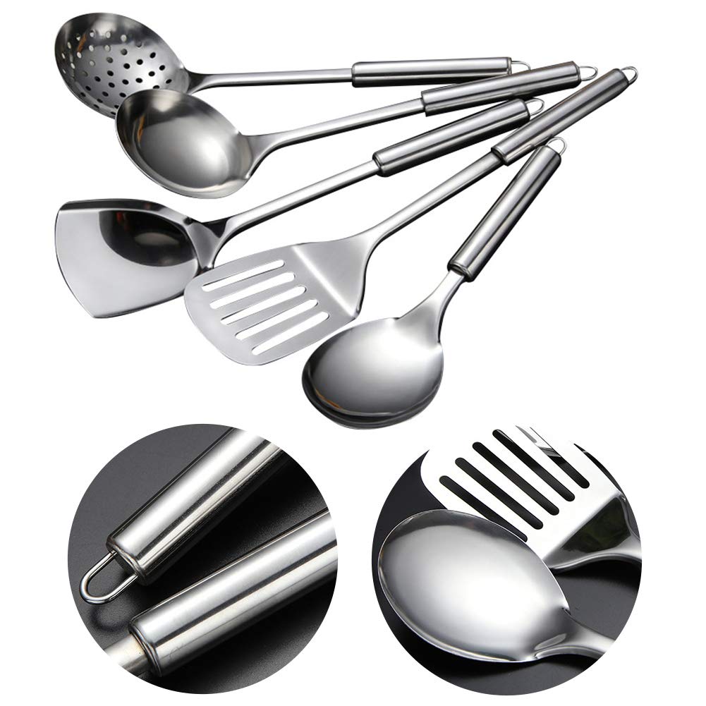 5 Pcs Stainless Steel Cooking Utensils Set Heat Resistant Kitchen Gadgets Utensil Set Includes Slotted Spoon, Slotted Spatula, L