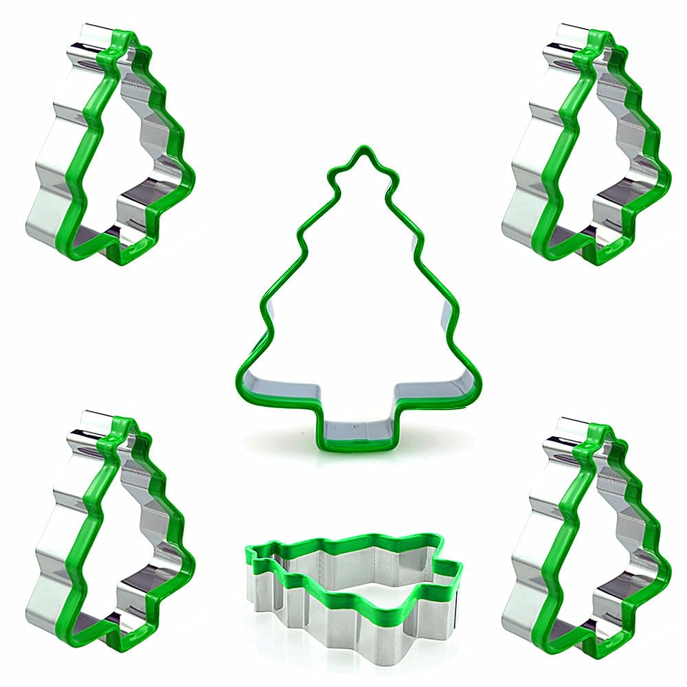 FAZHBARY 6 PCS Christmas Tree Cookie Cutter Set Tree Metal Cookie Cutters With Green Soft PVC for Baking Tools