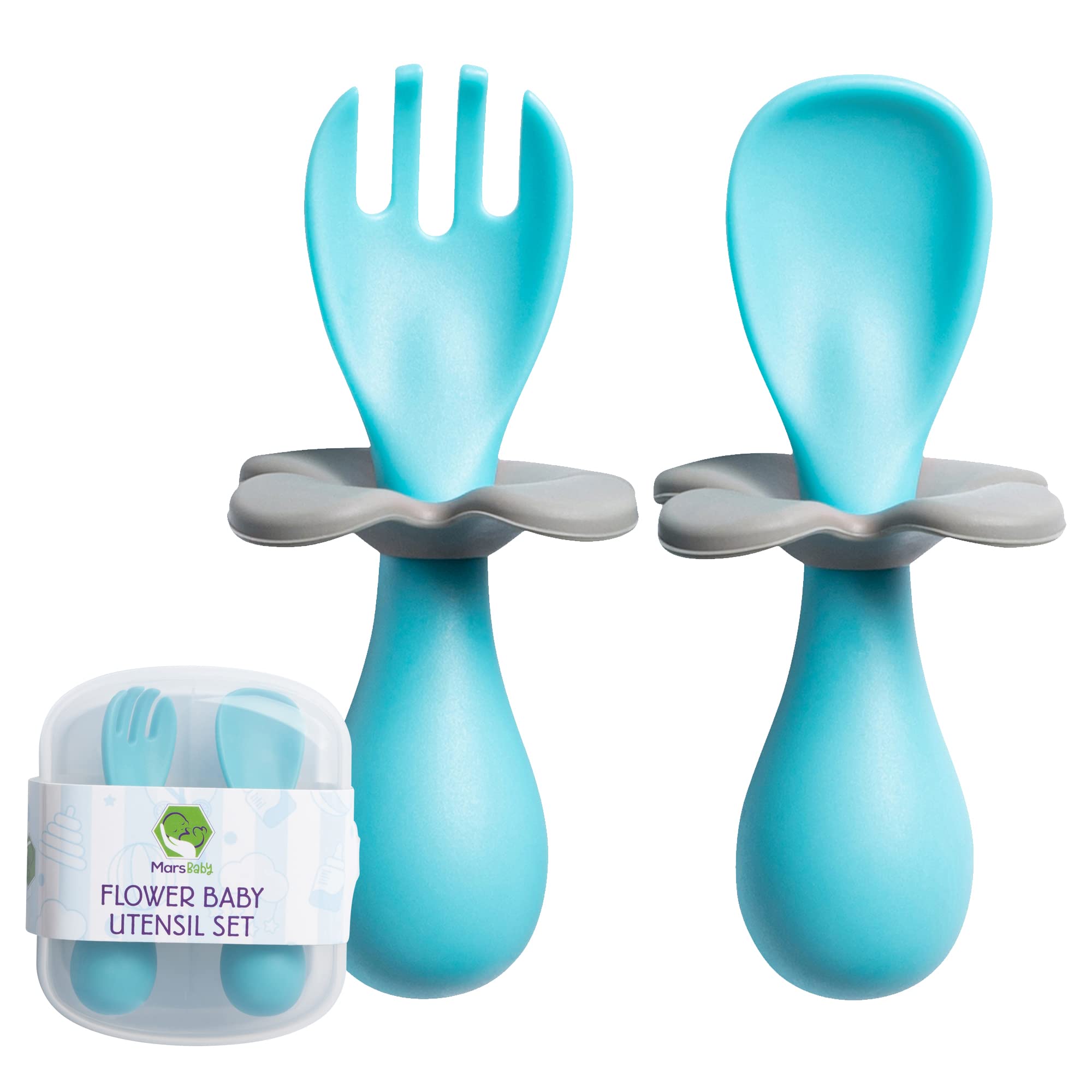 Mars Baby Flower Design Baby and Toddler Self-Feeding Training Utensils - Easy to Hold and Use Led Weaning, Protective Choke Bar