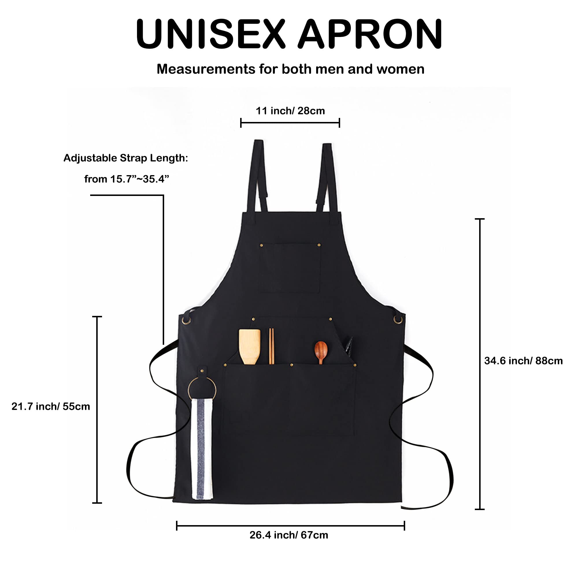 Muulaii Canvas Chef Apron, Cross Back Apron For Men Women With Adjustable Straps Metal Loop And Large Pockets, Black