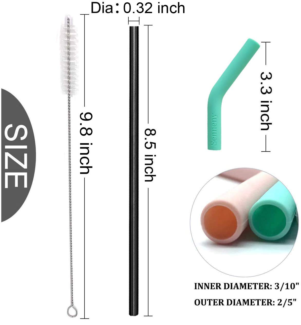 Senneny Set Of 5 Stainless Steel Straws With Silicone Flex Tips Elbows Cover, 2 Cleaning Brushes And 1 Portable Bag Included (Bl