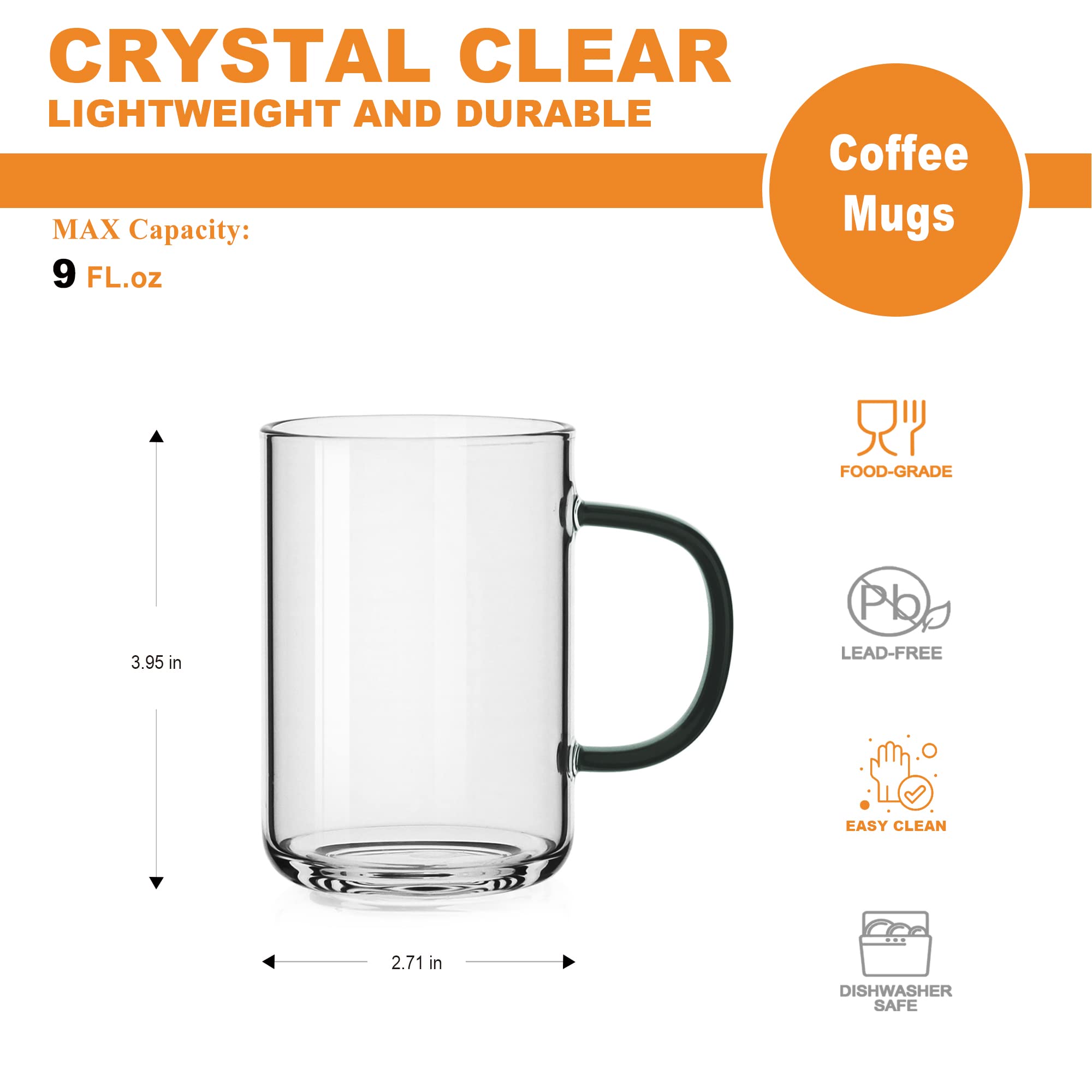 Luxu Glass Coffee Mugs Set Of 4,Borosilicate Glass Coffee Cups 9 Fl.Oz,Lead-Free Drinking Glasses,Premium Tea Cups With Dark Gre