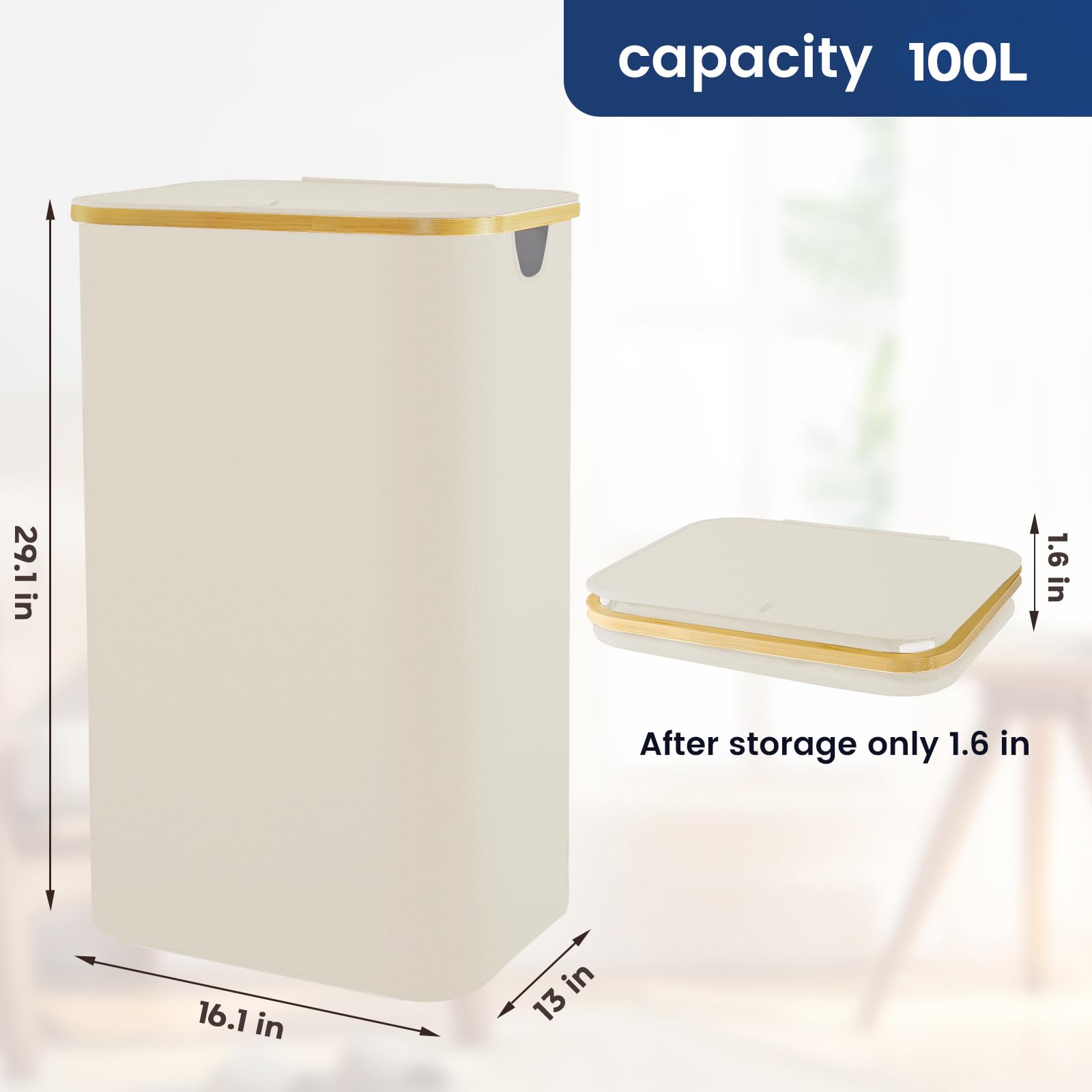 Laundry Hamper With Lid, 100L Tall Laundry Basket With Bamboo Handles Dirty Clothes Hamper With Inner Bag For Bedroom And Bathro
