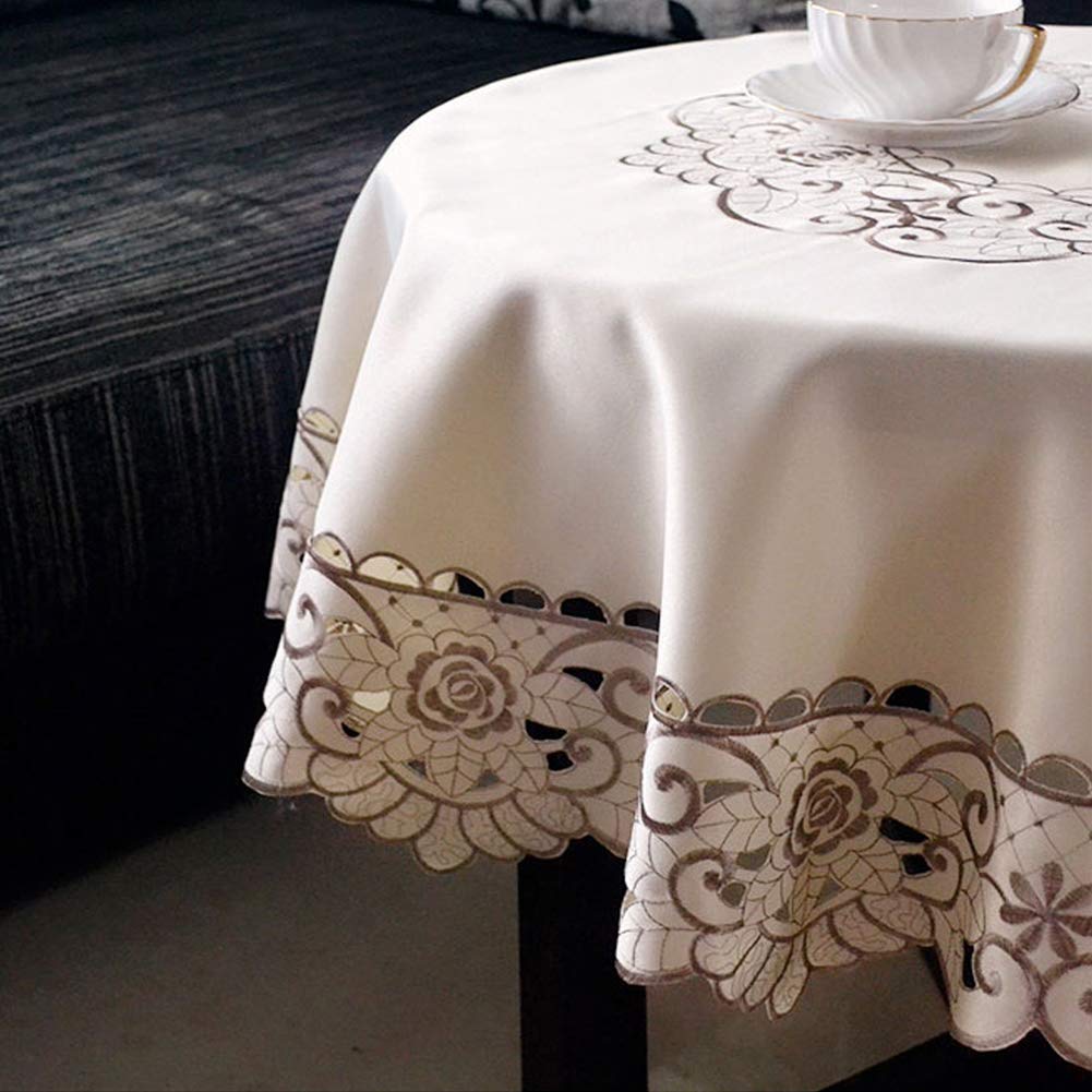 AMZALI Round Table Cloth Flower Embroidered Tablecloth Wrinkle Free & Stain Resistant Fabric Table Cover for Kitchen Dinner (60 inch)