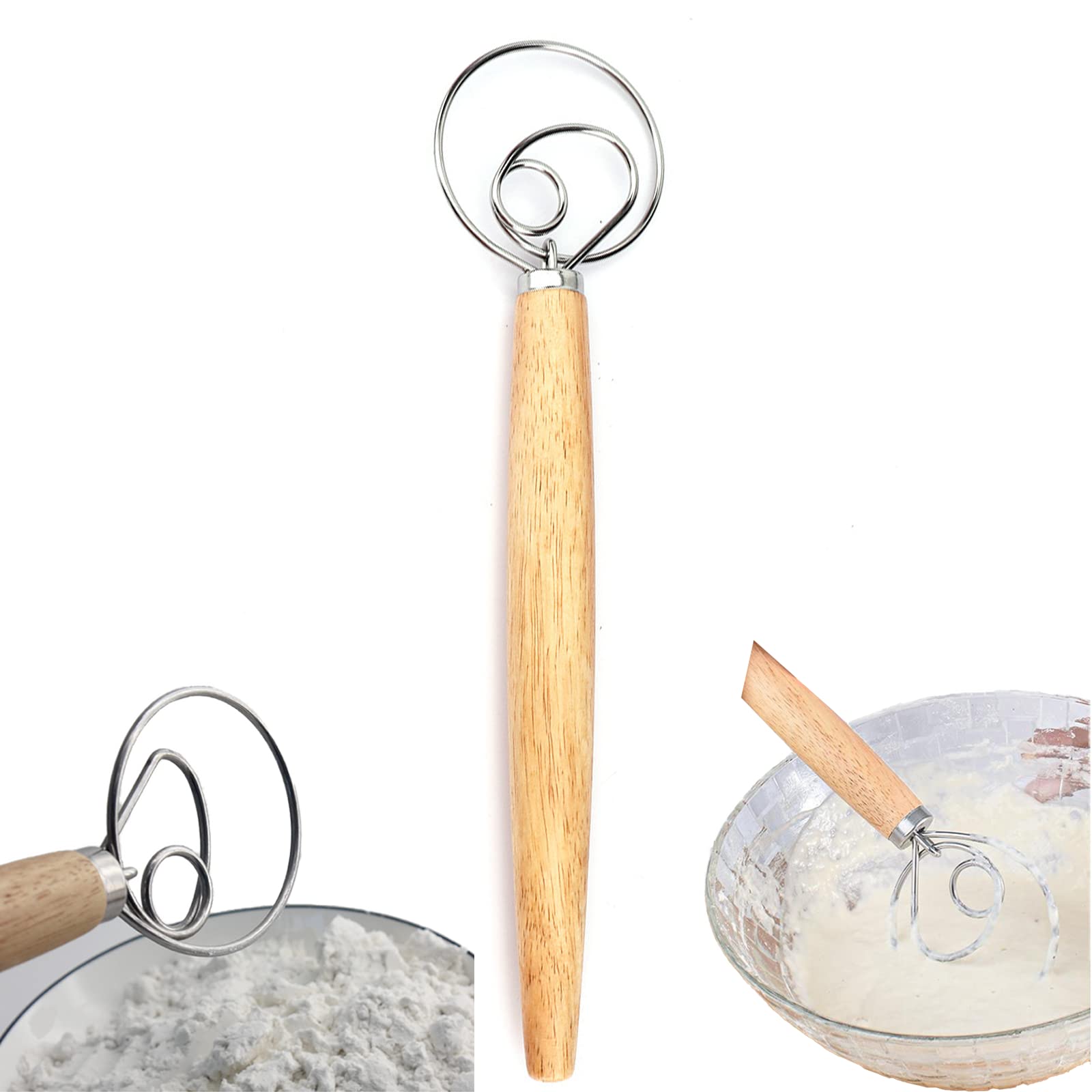 13 Inch Danish Dough Whisk - Large Wooden Danish Whisk For Dough With Stainless Steel Ring - Traditional Dutch Whisk Baking Tool