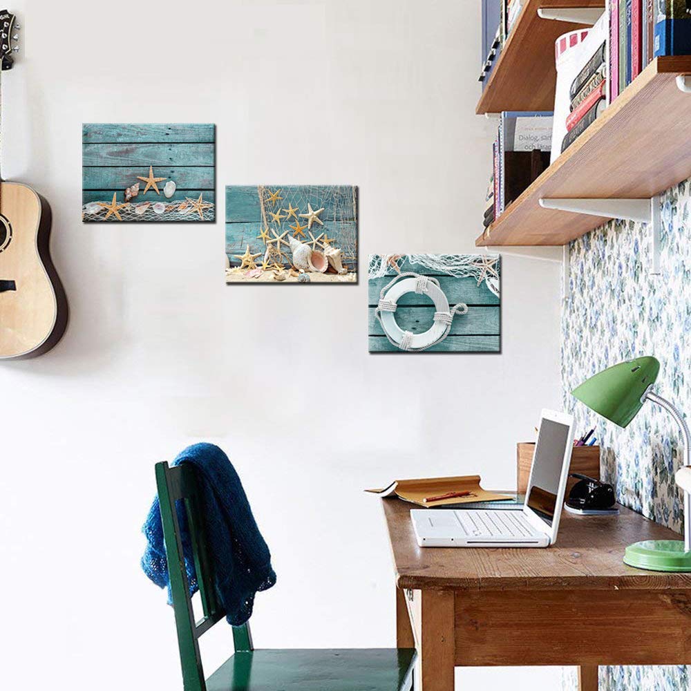Biuteawal- 3 Piece Canvas Wall Art Starfish Shell On Teal Board Painting Prints Beach Nature Picture Canvas Artwork For Home Kit
