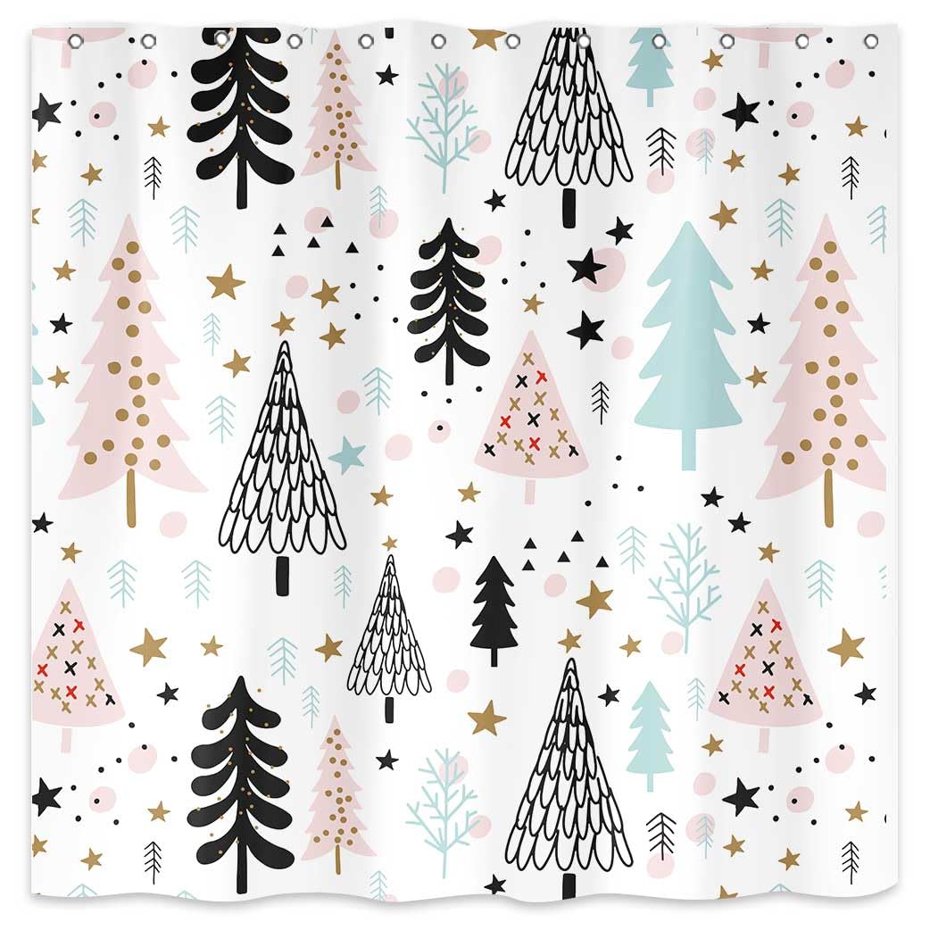 Hjokiupt Merry Christmas Shower Curtain, Winter Fashion Xmas Tree New Year Holiday Home Decor Bath Curtains, Farmhouse Forest Sn
