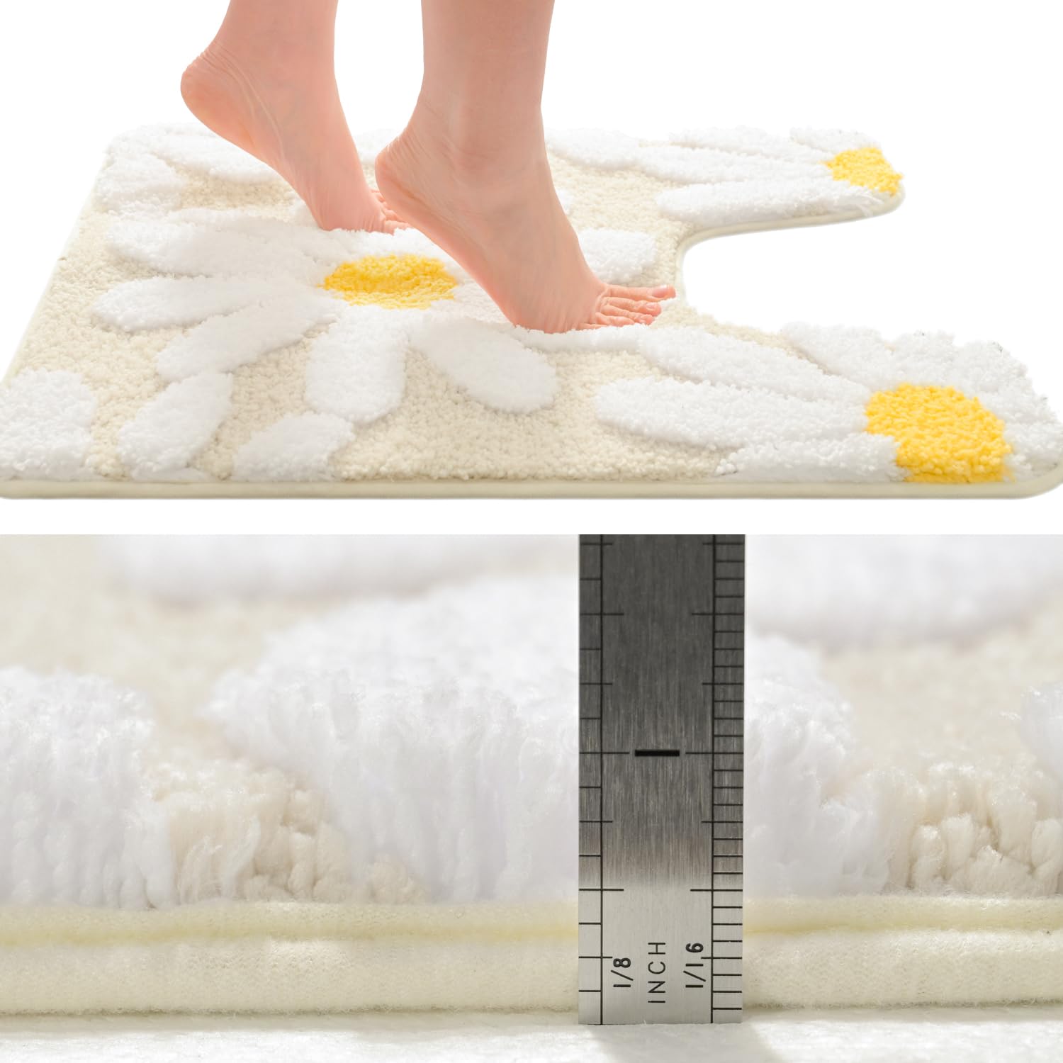 Qjhomo Bathroom Rugs Sets 2 Piece, Cute Daisy Bath Mat Beige Toilet Rug U Shaped, Flower Deocr Bathroom Set Non Slip Contour Bat