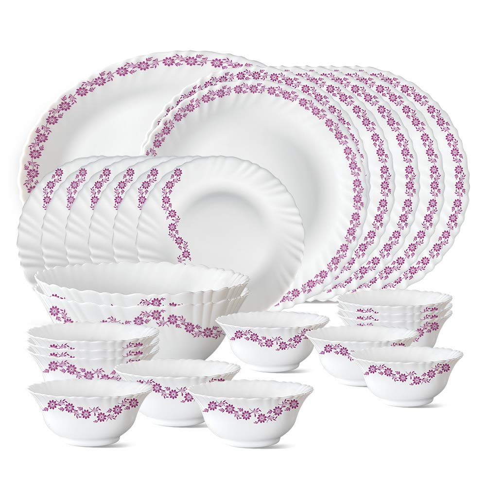 Larah By Borosil Lilac Opalware Dinner Set, 27-Pieces, White