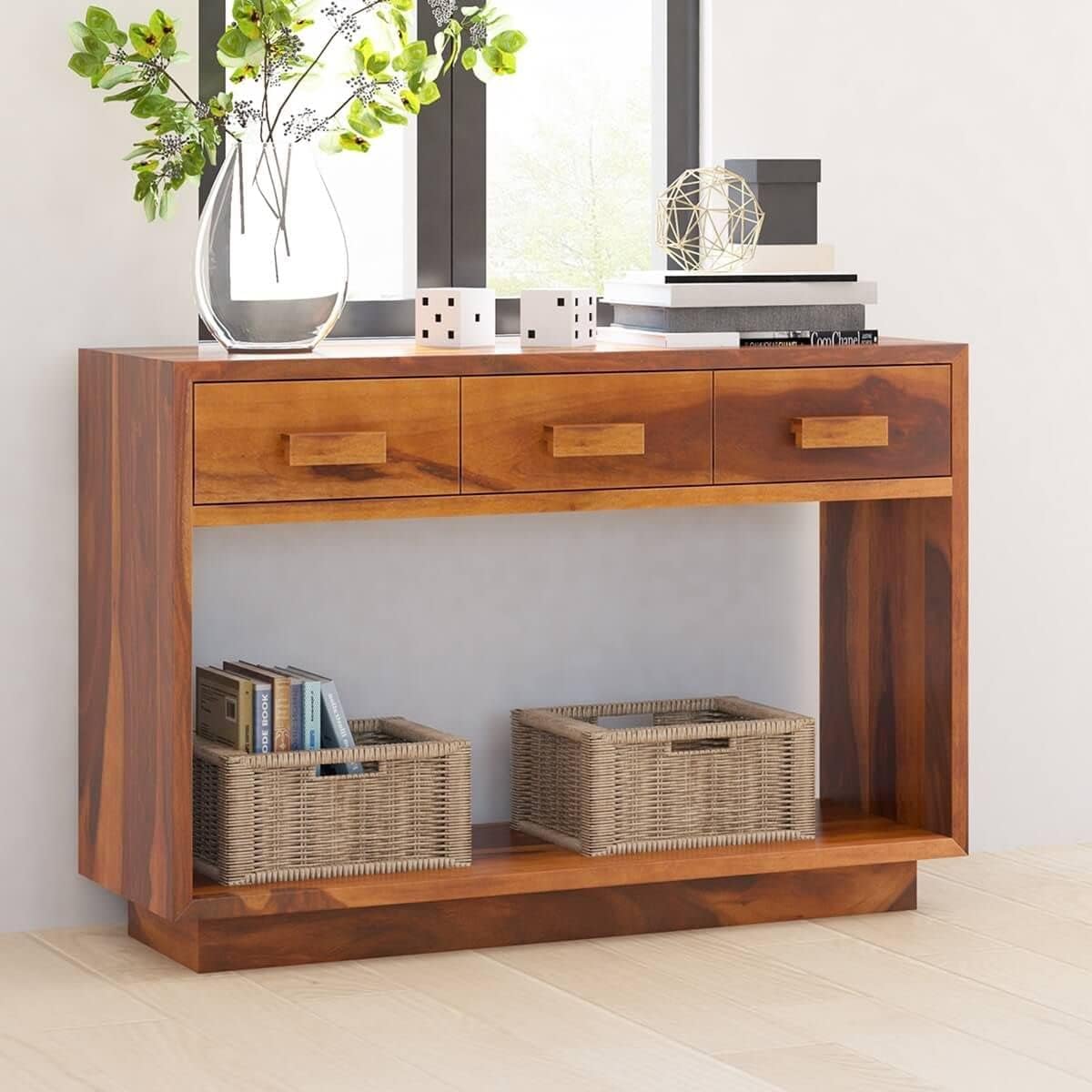 Vivek Wood Solid Sheesham Wood Console Table For Living Room | Wooden Side Entrance Table For Home With 3 Drawers & Shelf Storag
