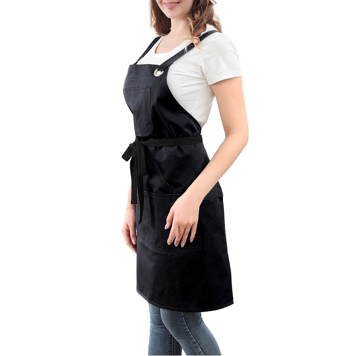 Professional Sturdy Apron, Cross Back + Quick Release Buckle + 6 Pockets (100% Cotton, 27'' X 31'')