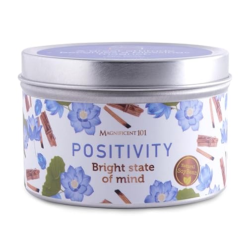 Magnificent 101 Positivity Aromatherapy Candle in 6-oz. Tin Holder: 100% Natural Soy Wax with Palo Santo & Lotus Flower Essentia