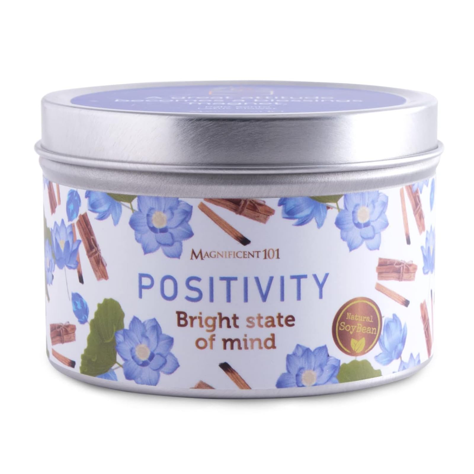 Magnificent 101 Positivity Aromatherapy Candle in 6-oz. Tin Holder: 100% Natural Soy Wax with Palo Santo & Lotus Flower Essentia