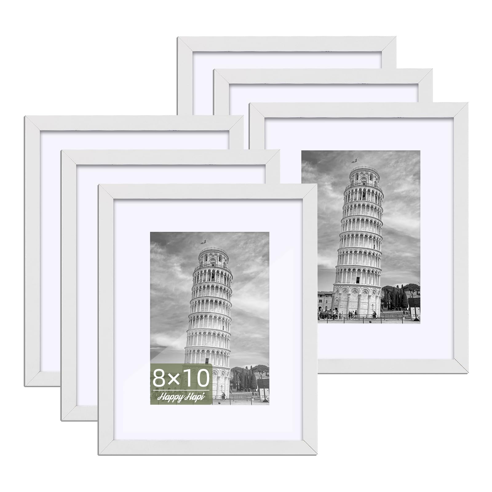 HappyHapi 8x10 Picture Frame, 6 Pack Wood Photo Frame Display Pictures 5x7 with Mat or 8x10 Without Mat Multi Picture Frames Col