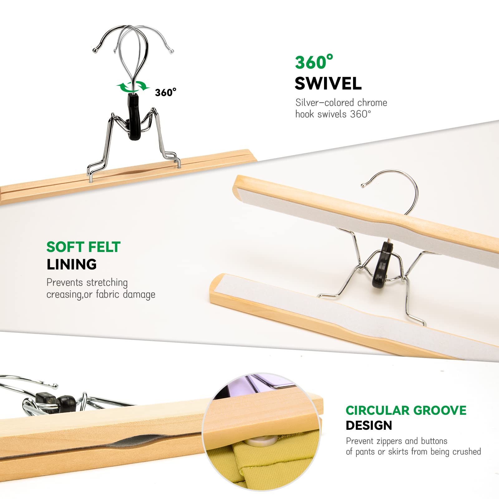 Nature Smile Wooden Pants Skirt Hangers, Smooth Finish Solid Wood Non Slip Jeans Slack Clamp Hangers Hair Extension Hangers(20Pc