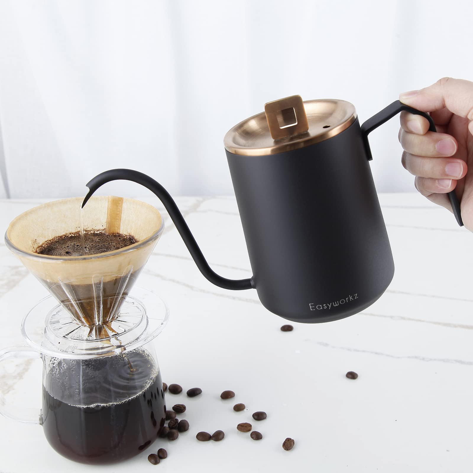 Easyworkz Gooseneck Pour Over Coffee Kettle 20 Oz Stainless Steel Hand Drip Coffee Pot With Long Narrow Spout, Rose Gold Black