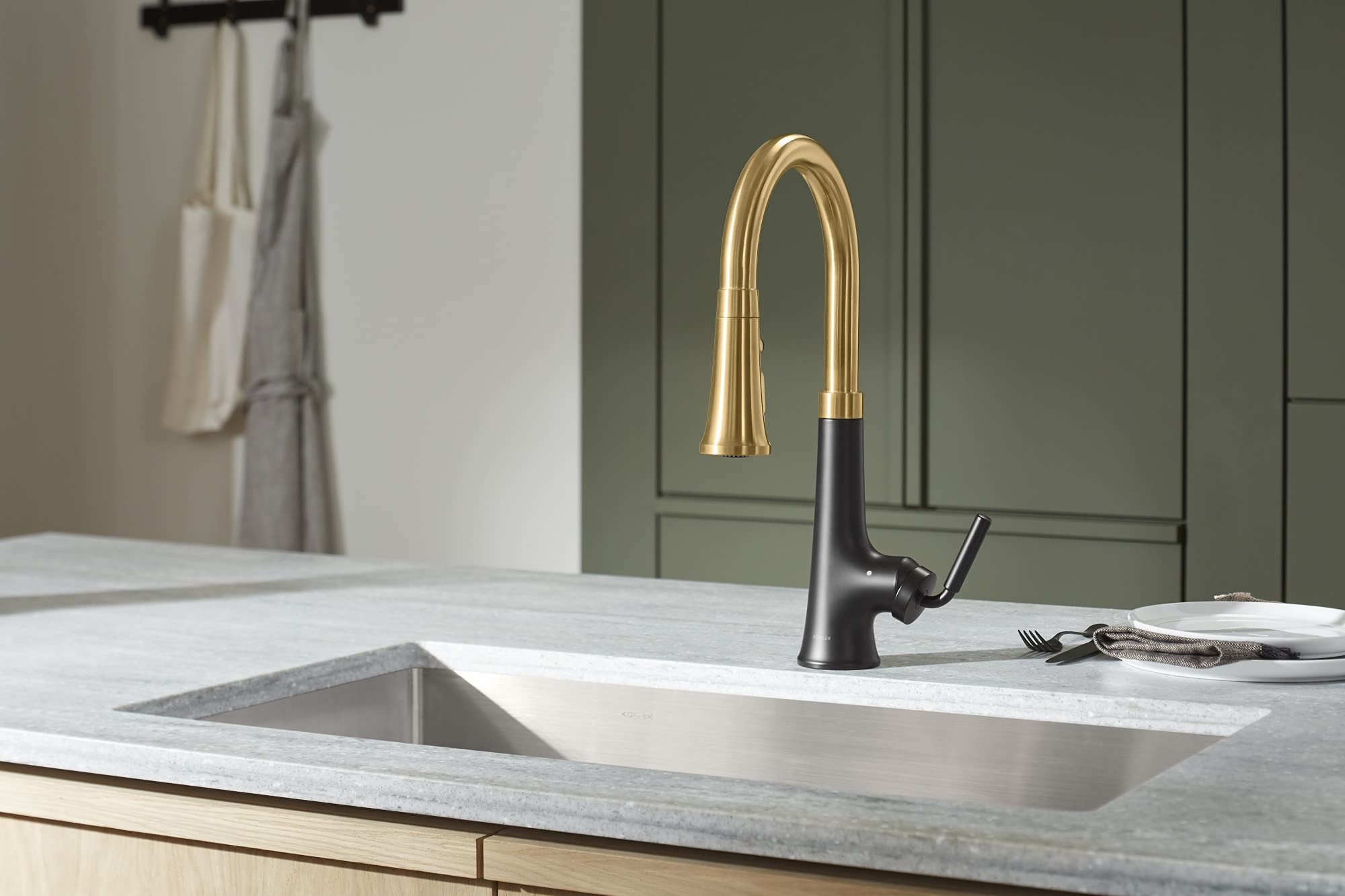 Kohler 23766-Wb-Bmb Tone Voice-Activated Sink, Touchless Kitchen Faucet With Pull Down Sprayer, Matte Black With Moderne Brass