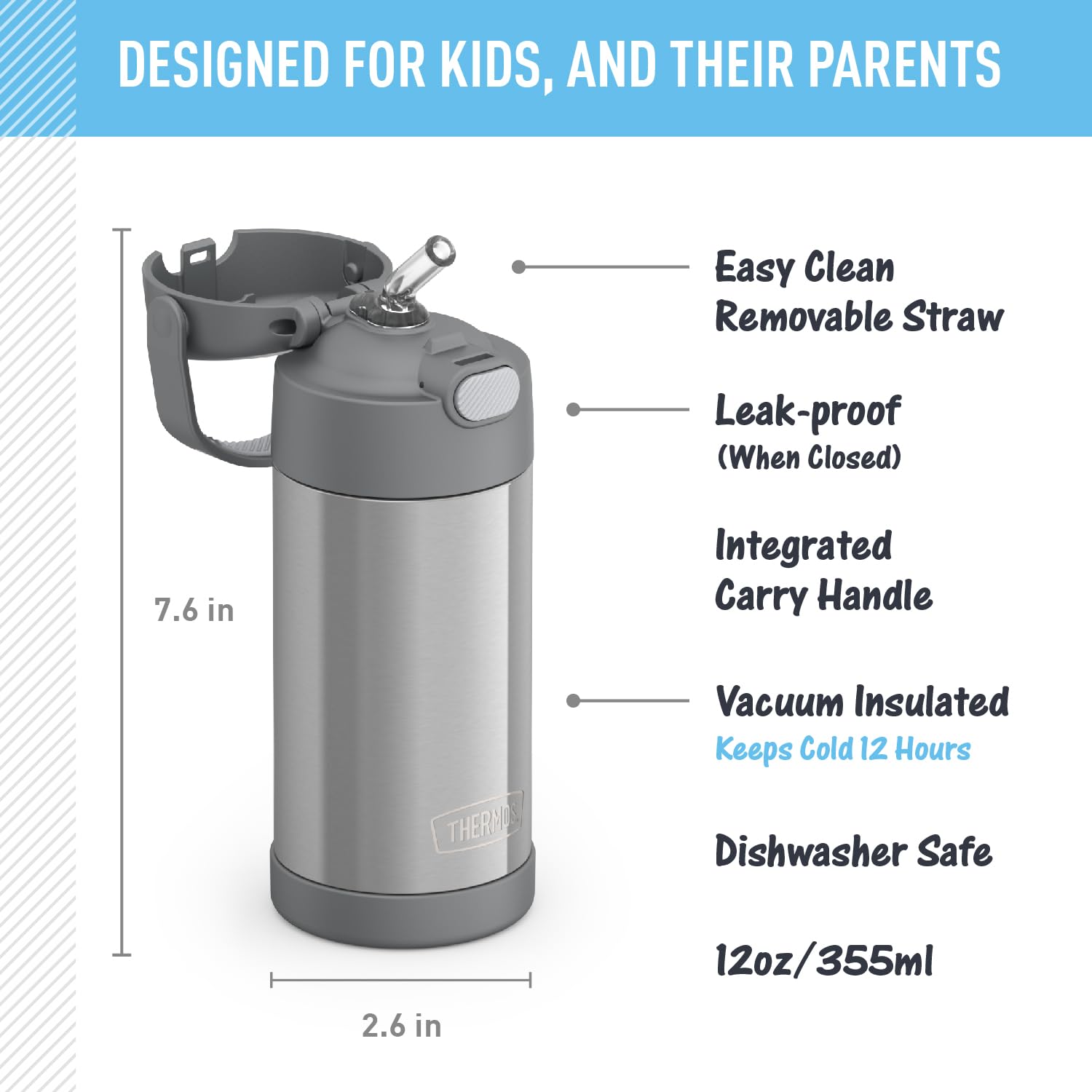 Thermos Funtainer Water Bottle With Straw - 12 Ounce, Grey - Kids Stainless Steel Vacuum Insulated Water Bottle With Lid