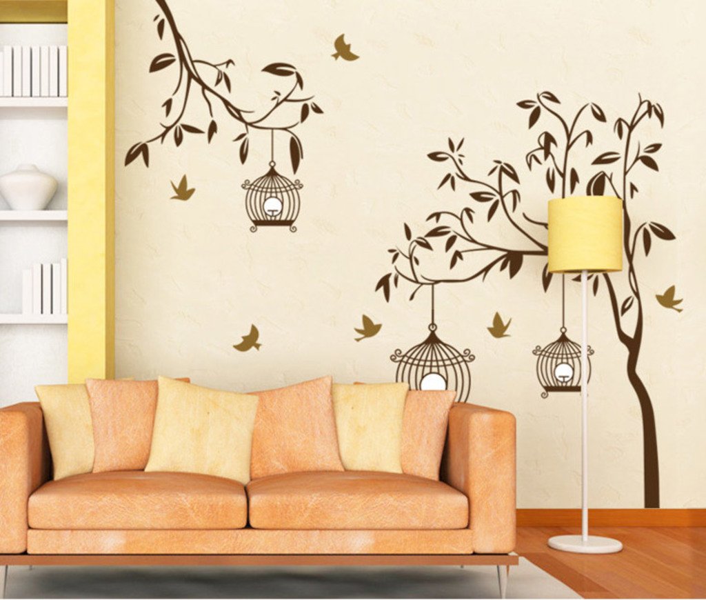 Decals Design Stickerskart Wall Stickers Tree With Birds And Cages (Wall Covering Area: 140X110Cm,Product Dimensions: 50X70Cm)