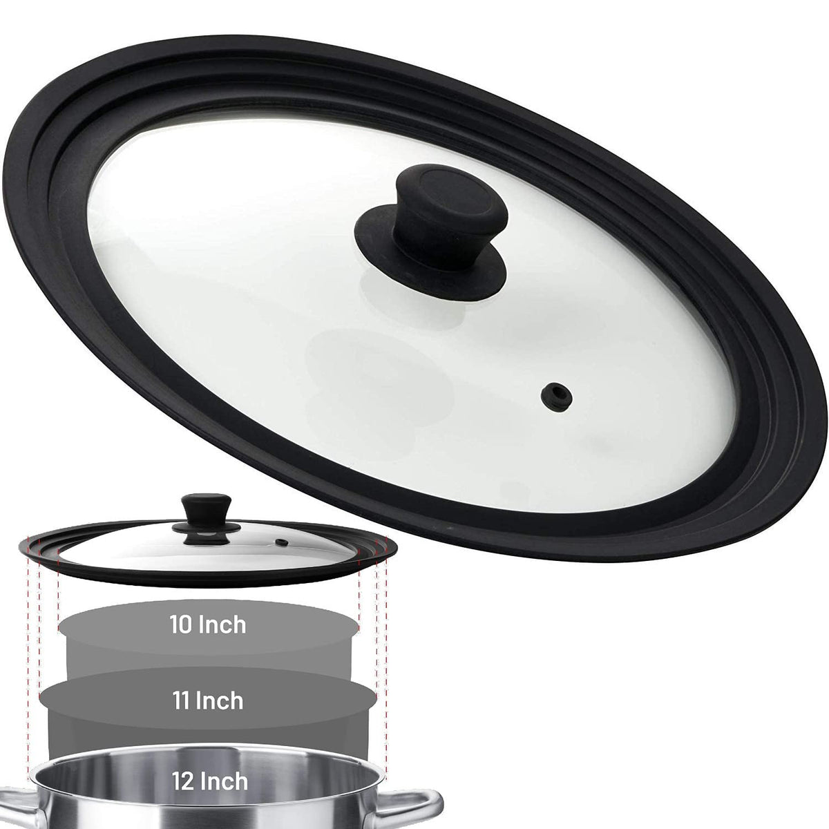 Bezrat Universal Round Lid For Pans, Pots And Skillets Vented Tempered Glass With Graduated Rim Fits 10, 11, 12 Inch Cookware -