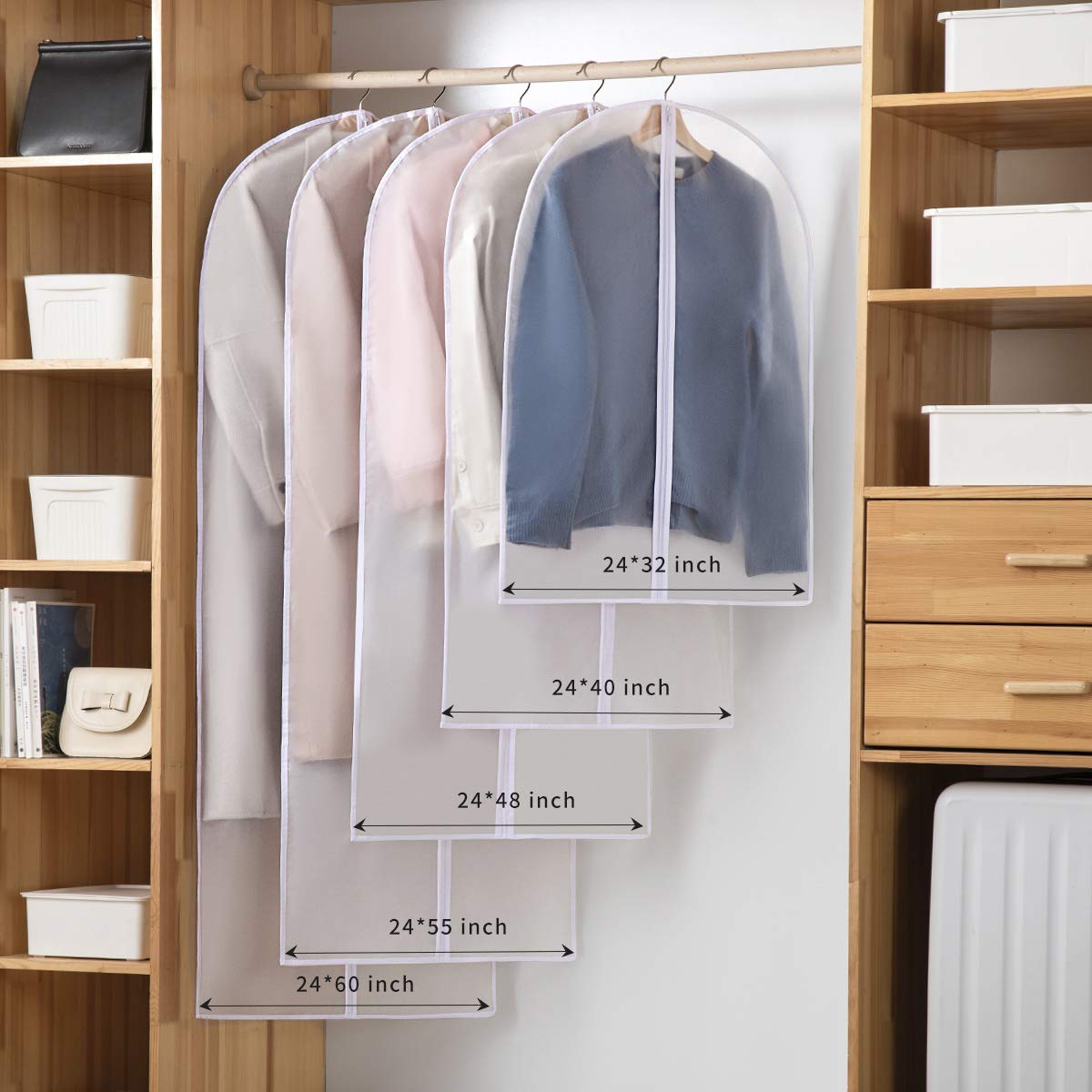 Perber 10 Packs Garment Bags For Hanging Clothes, Translucent Suit Bags For Closet Storage, Plastic Waterproof Suit Cover Bags W