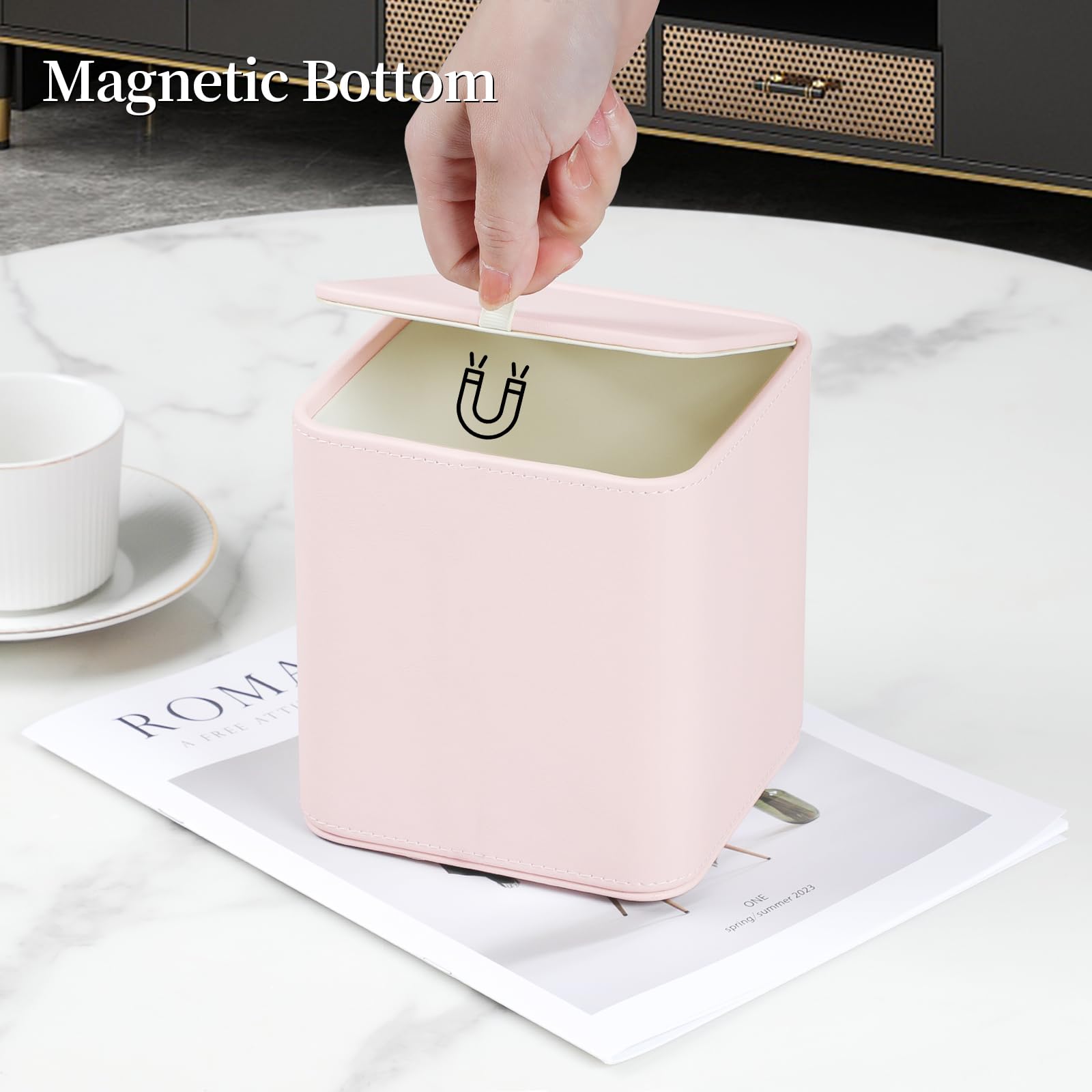 Meibooch Pu Leather Tissue Box Cover With Magnetic Closure, Square Tissue Box Holder With Rounded Edges Design (Pink, Square)