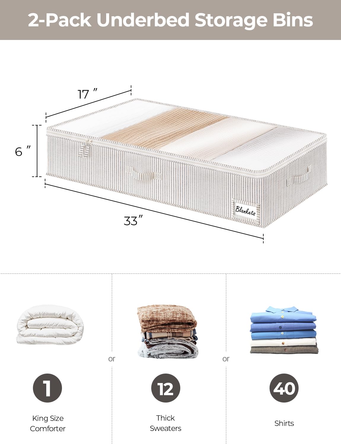 StorageWorks Underbed Storage Box with Clear Window and Sturdy Structure, Foldable Underbed Storage Bins for Clothes, Blankets a