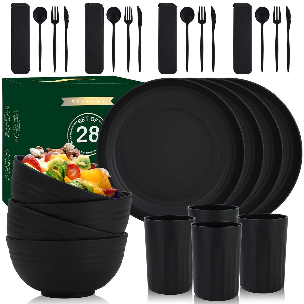 28-Piece Wheat Straw Dinnerware Sets, Microwave & Dishwasher Safe Unbreakable Dinnerware Set, Reusable Dishware Sets, Lightweigh