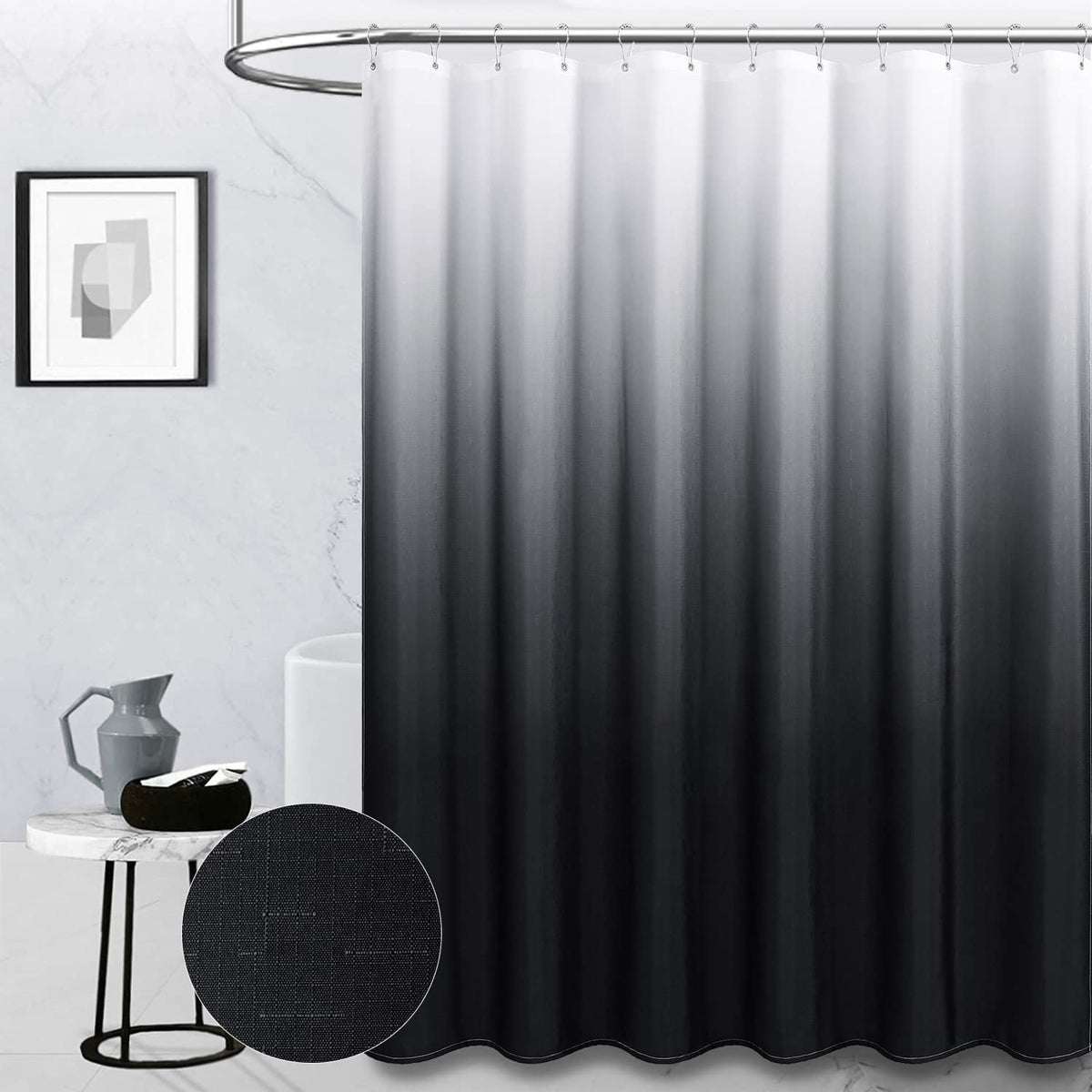 Bttn 60 Inch Stall Shower Curtain - Ombre Linen Textured Weighted Water-Repellent Fabric Shower Curtain Set With 10 Plastic Hook