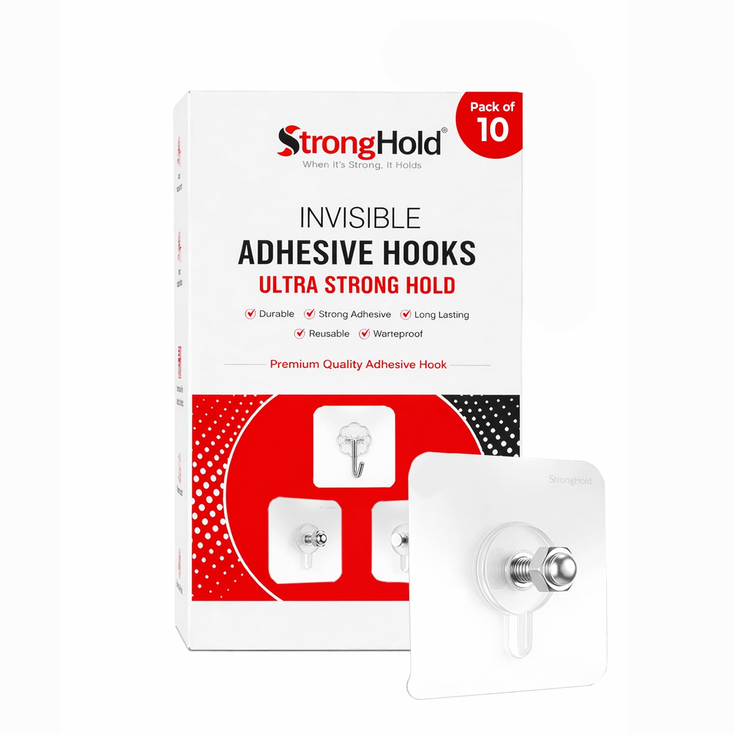 Stronghold Self Adhesive Screw Hooks For Wall Without Drilling  10 Pack Heavy Duty Transparent Wall Hanging Hooks, Nail Free St