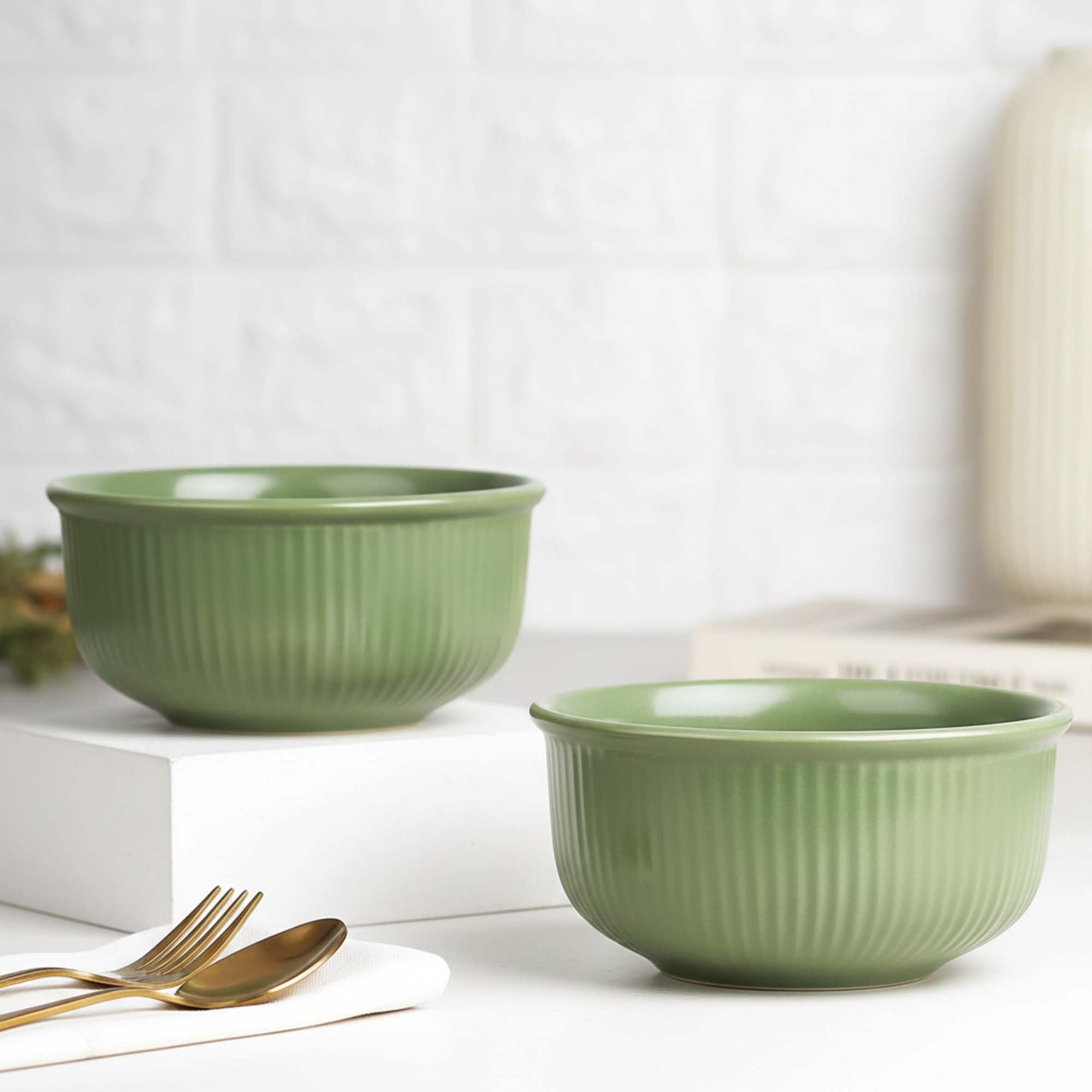 The Earth Store Green Fringe Ceramic Bowl Set Of 2, 550Ml Each | Snack Bowl | Perfect For Christmas Gift | New Year Gift & Daily