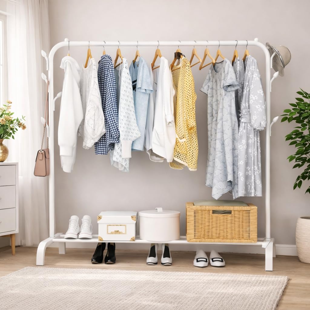 Hiware Metal Multifunctional Heavy-Duty Quality Garment Stand Cloth Rack Freestanding Storage Organizer With Bottom Shelves Adju
