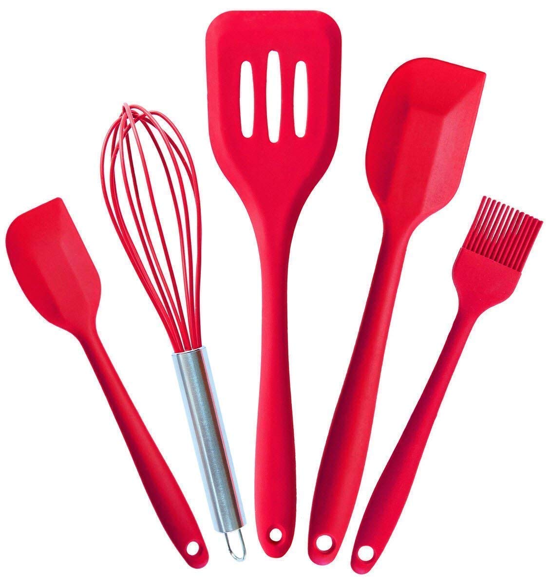 Kaqer Silicone Cook Utensils, 5 Piece Kitchen Cooking Set, Includes Silicone Turner, Large Spatula, Small Spatula, Basting Brush