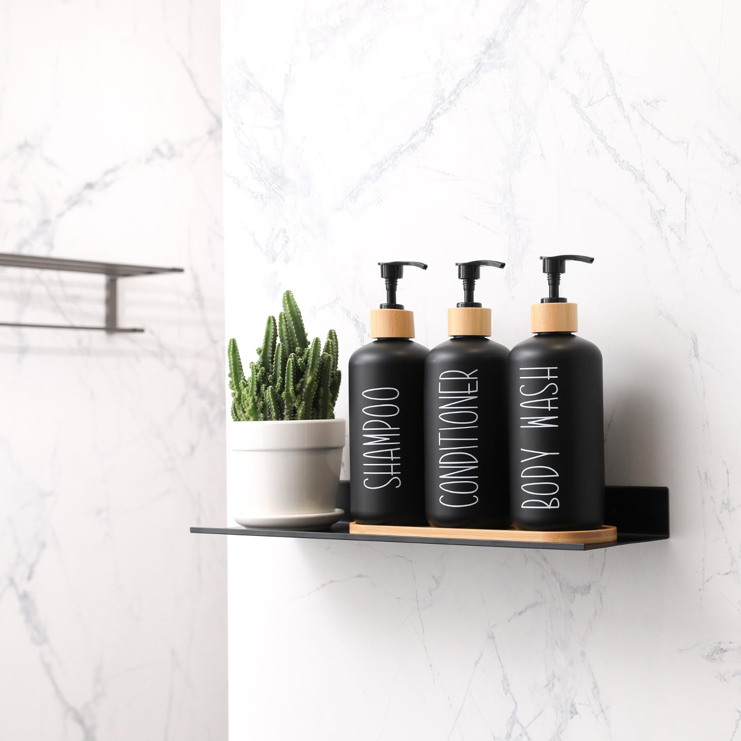 Momeemo Black Shower Soap Dispenser Set, Contains 3 Extra-Thick Pet Plastic Bottles With Bamboo Pumps, Shampoo Bottles Refillabl
