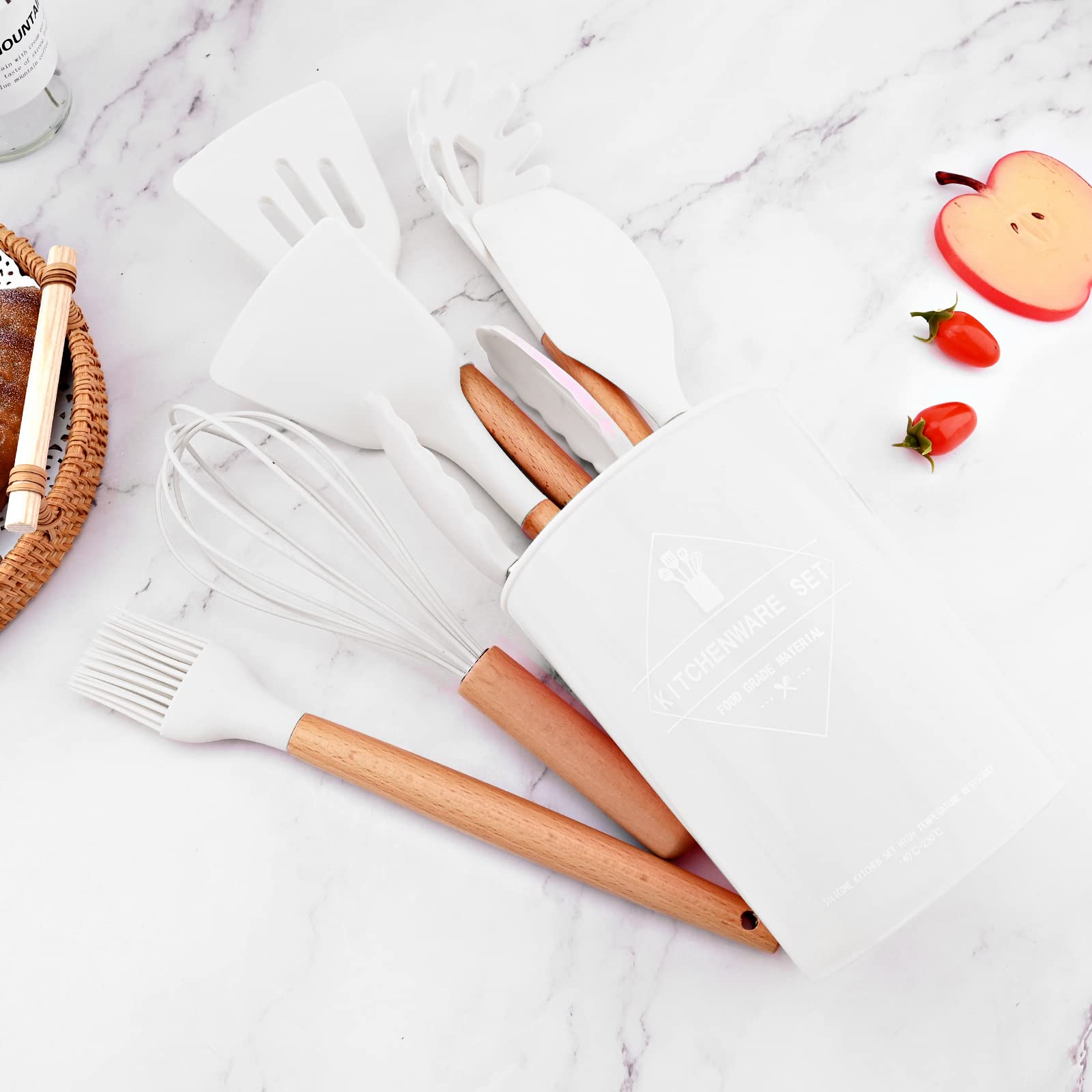 Briiec 11Pcs White Silicone Cooking Utensil Set With Holder Storage Bucket, Nonstick Wooden Handle Silicone Kitchen Gadgets Uten