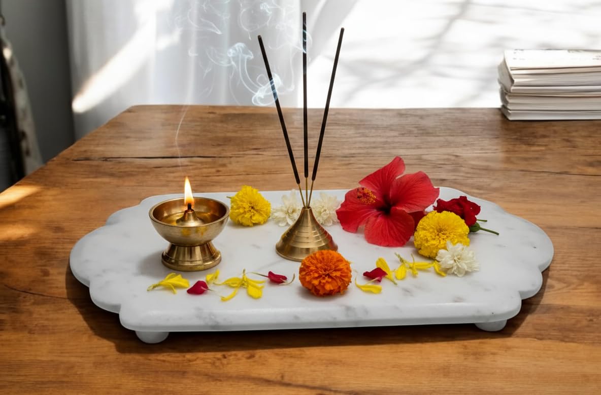 White Marble Platter | Stone Serving, Dressing, Decorating, Multi Purpose Pedestal Tray For Aarti, Pooja, Temple, Diya | Scallop