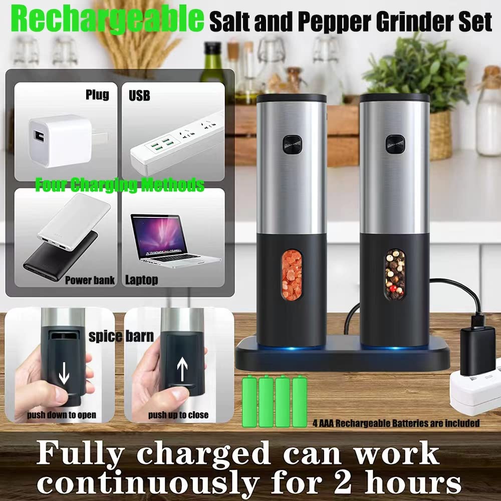 Rechargeable Electric Salt And Pepper Grinder Set With Charging Base, Derguam Stainless Steel Pepper Grinder With Adjustable Coa