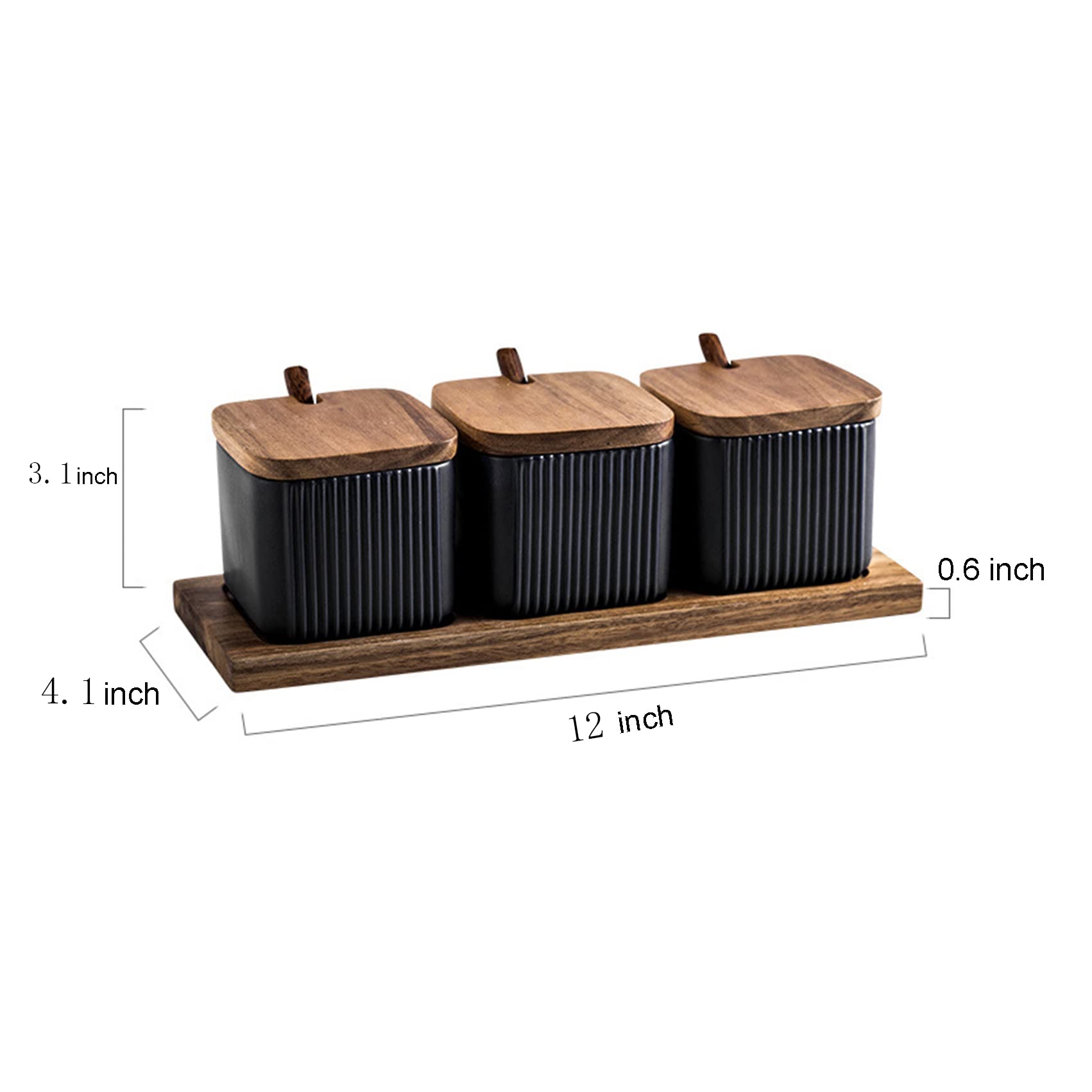 Bihoib Black Porcelain Sugar Bowl Condiment Pot Salt Container With Wooden Lid, Spoon And Tray, Modern Spice Box Seasoning Jar,